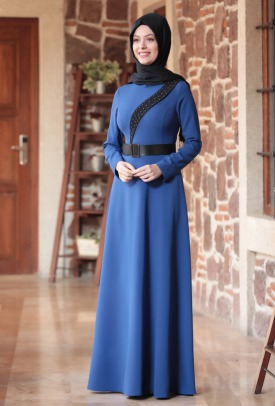 Nare Kemerli İncili Tesettür Elbise - Saks